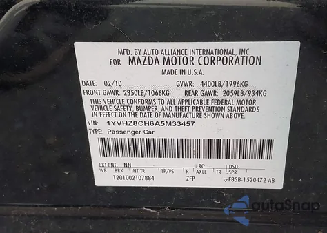 2010 Mazda Mazda6 I Grand Touring z USA, uszkodzony, nr VIN 1YVHZ8CH6A5M33457